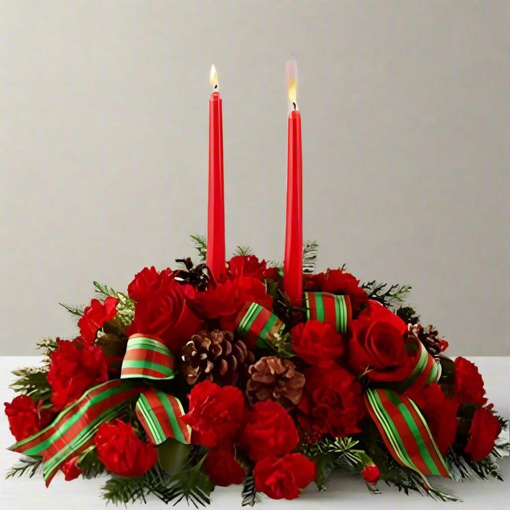 Holiday Classics Centerpiece arrangement with two candles.
