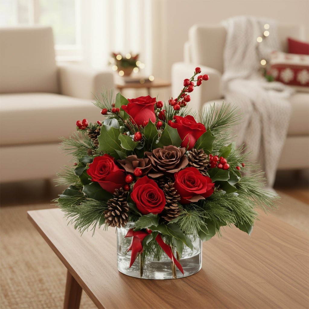 Holiday Red Roses Arrangement set on a wooden table located at the Livingroom.