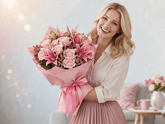 Woman holding a bouquet of pink flowers with a blurred background,