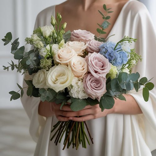 Bouquet of flowers held by a person wearing a white dress.