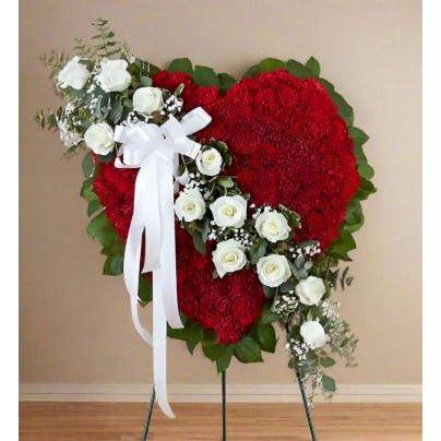 White and Red Standing Heart with roses and carnation and a white ribbon.