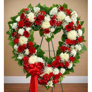 Red & White Standing Heart whit red and white roses with a red ribbon on the left side.