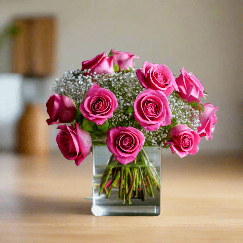 A bouquet of pink roses with white baby's breath in a glass vase.