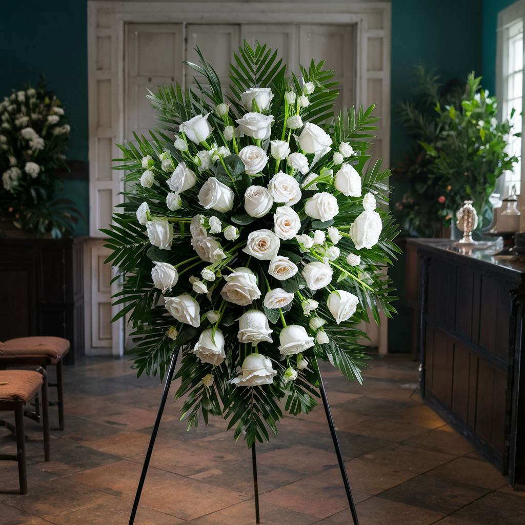 A sympathy standing spray standing in the center of a room at the funeral home all white roses and large leafs.