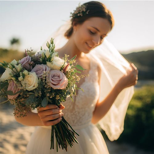 Woman in a wedding dress holding a bouquet of flowers outdoors.