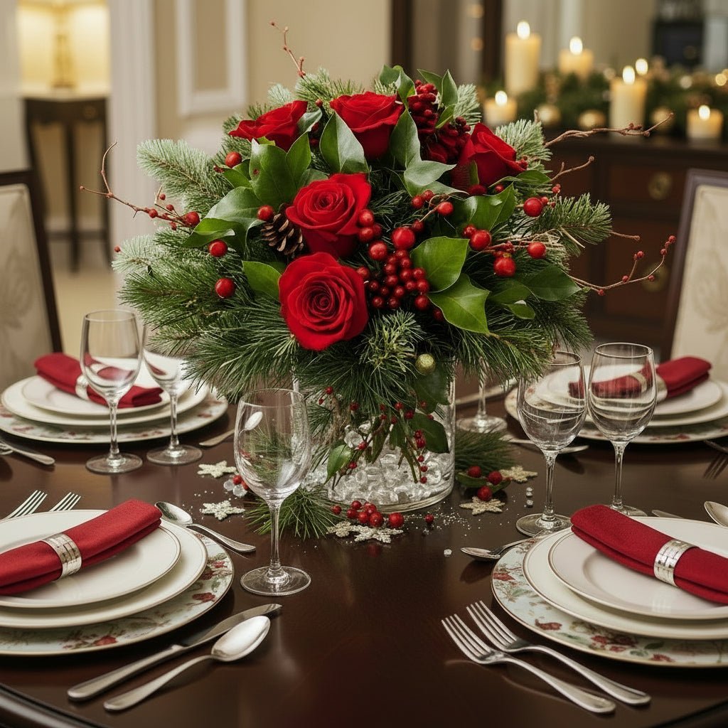 Winter Holiday Roses Bouquet arrangement set at a dinner table with plates and cups.